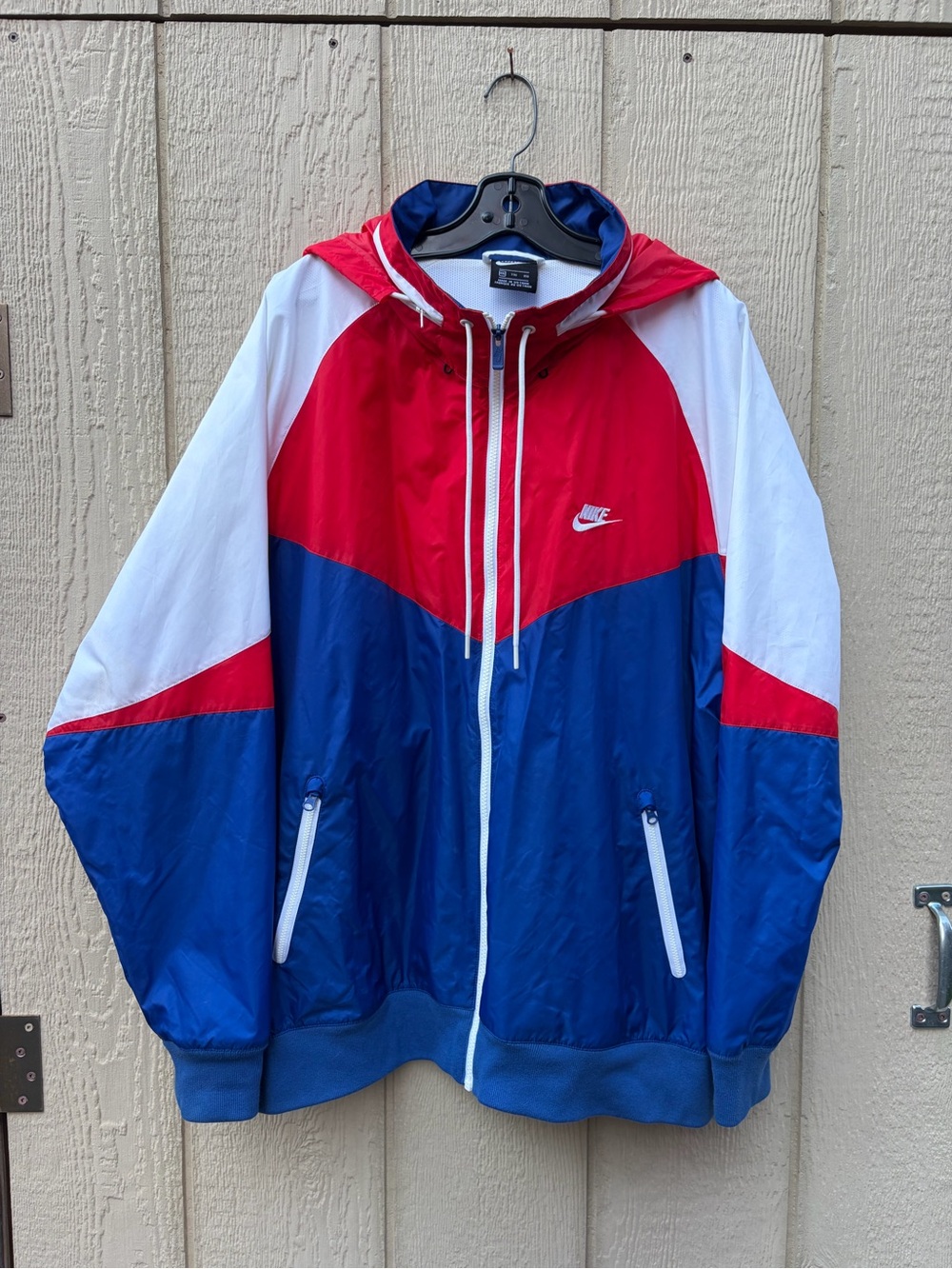 Nike Men’s Red White and Blue Windbreaker Jacket with hidden hood